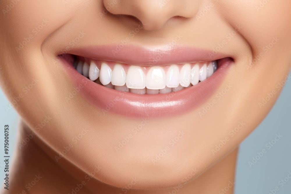 Obraz premium A close-up view of a woman\'s radiant smile displaying perfect white crown teeth, emphasizing dental care and tooth whitening methods in a bright setting