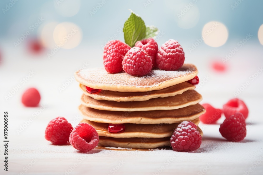 A stack of homemade heart-shaped pancakes is layered with raspberry filling, topped with fresh raspberries and mint leaves, creating a delightful breakfast treat A stack of homemade heart-shaped pancakes is layered with raspberry filling, topped with fresh raspberries and mint leaves, creating a delightful breakfast treat