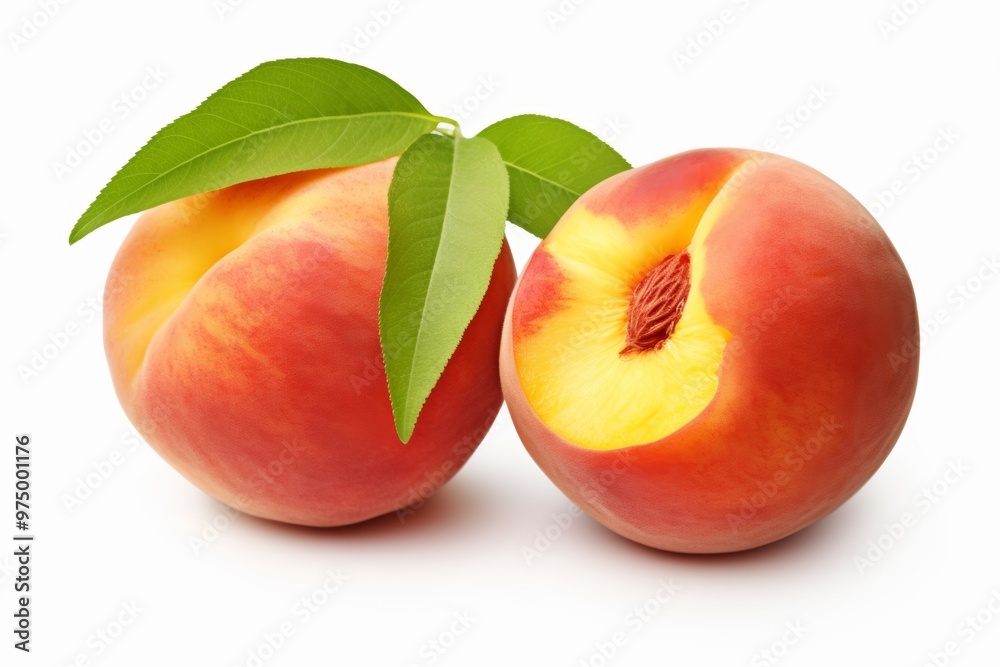 A whole fresh peach sits alongside a half peach displaying the kernel and vivid yellow flesh, complemented by green leaves, all against a crisp white backdrop A whole fresh peach sits alongside a half peach displaying the kernel and vivid yellow flesh, complemented by green leaves, all against a crisp white backdrop