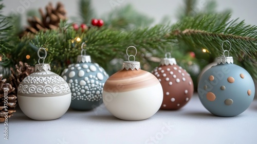 Five Ornamental Christmas Baubles with Varying Designs photo