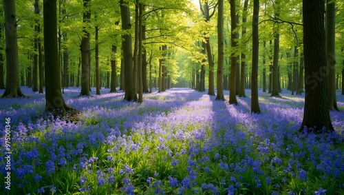 Tranquil forest carpeted with vibrant bluebells under a canopy of tall trees