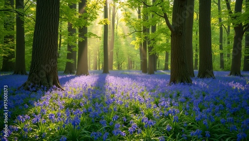 Tranquil forest carpeted with vibrant bluebells under a canopy of tall trees