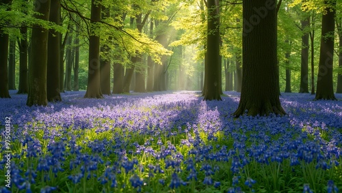 Tranquil forest carpeted with vibrant bluebells under a canopy of tall trees