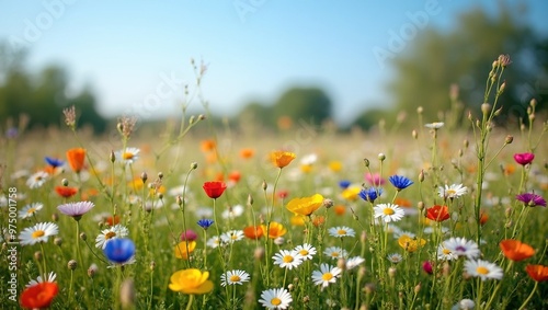 Vibrant wildflower meadow on spring day with daisies poppies cornflowers under clear blue sky