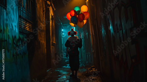 Creepy clown holding balloons in a dark alley at night, eerie and unsettling atmosphere