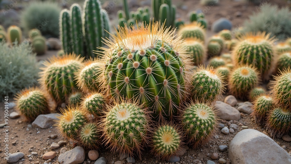 Diverse cactus garden with sharp spines against a desert backdrop Diverse cactus garden with sharp spines against a desert backdrop