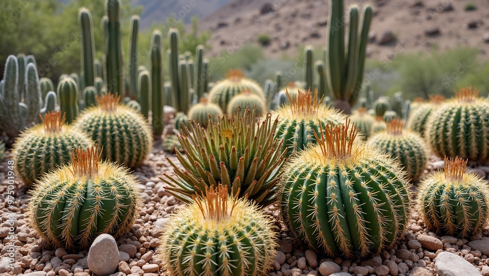 Diverse cactus garden with sharp spines against a desert backdrop Diverse cactus garden with sharp spines against a desert backdrop