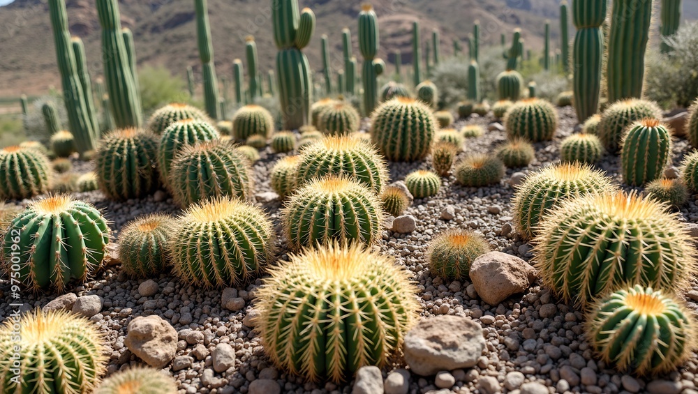 Diverse cactus garden with sharp spines against a desert backdrop Diverse cactus garden with sharp spines against a desert backdrop