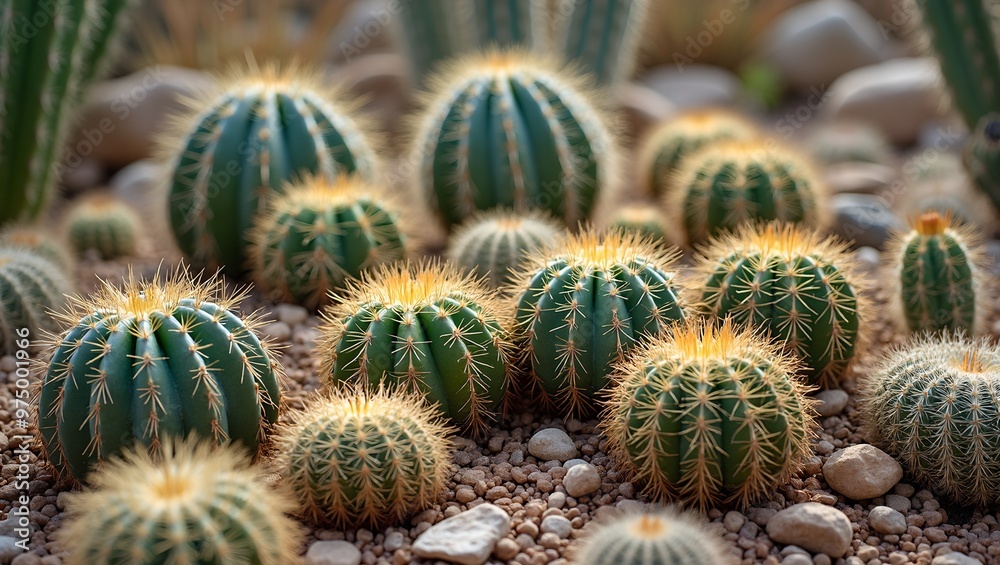 Diverse cactus garden with sharp spines against a desert backdrop Diverse cactus garden with sharp spines against a desert backdrop
