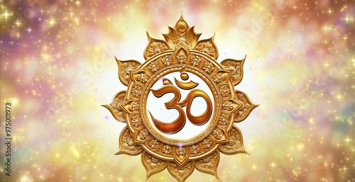 Gold Om Symbol animation video, Indian Om logo, Hindu religious Om Monogram video presentation background, with golden glitter, sparkles and glitter