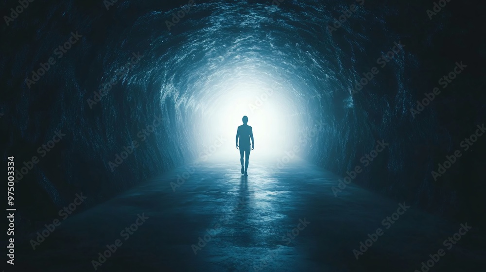 Silhouette of a person walking towards a bright light in a dark tunnel, symbolizing hope and new beginnings, copy space Silhouette of a person walking towards a bright light in a dark tunnel, symbolizing hope and new beginnings, copy space