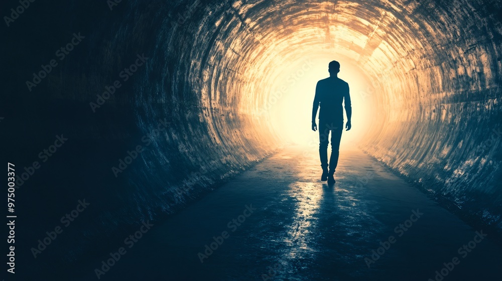 Silhouette of a person walking towards a bright light in a dark tunnel, symbolizing hope and new beginnings, copy space Silhouette of a person walking towards a bright light in a dark tunnel, symbolizing hope and new beginnings, copy space