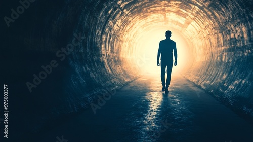 Silhouette of a person walking towards a bright light in a dark tunnel, symbolizing hope and new beginnings, copy space