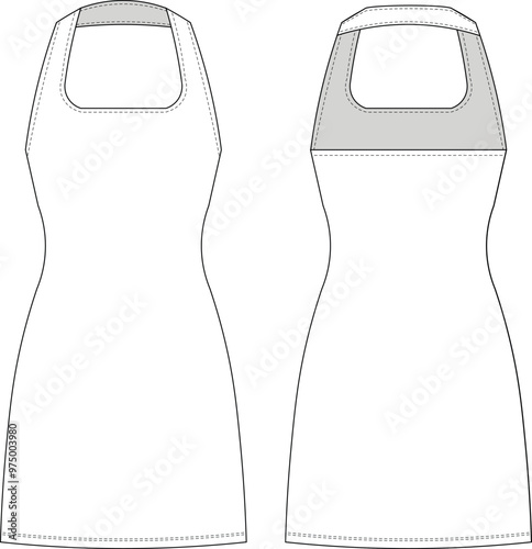 sleeveless halter neck square neck strappy strapped shoulder straps backless a line mini short dress template technical drawing flat sketch cad mockup fashion woman design style model
