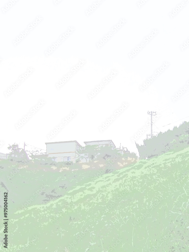 緑に覆われた崖地。イラスト風の写真。 緑に覆われた崖地。イラスト風の写真。