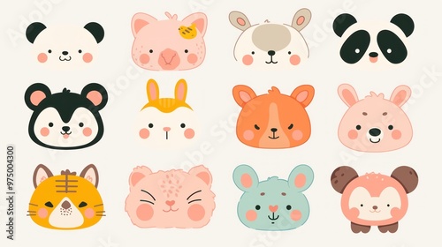 Cute cartoon animal faces, seamless pattern, pastel colors, white background, simple shapes cute characters adorable expressions for fun kids art