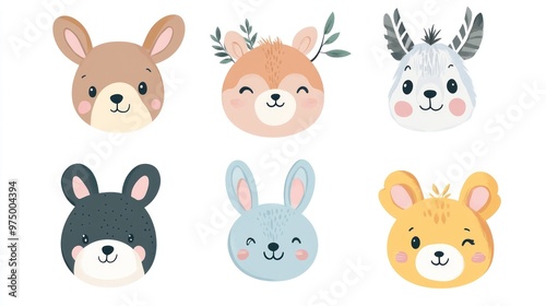 Cute cartoon animal faces, seamless pattern, pastel colors, white background, simple shapes cute characters adorable expressions for fun kids art