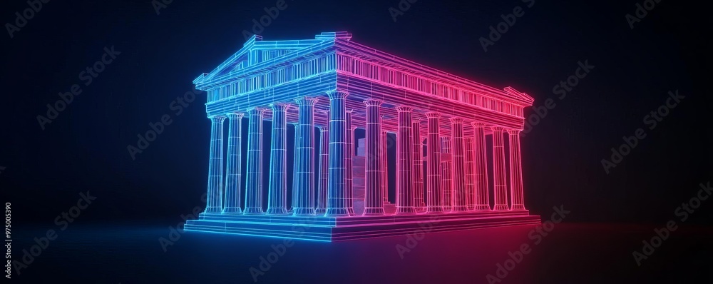 Fototapeta premium Digital Athenian Parthenon, neon hologram overlay, augmented reality Greece