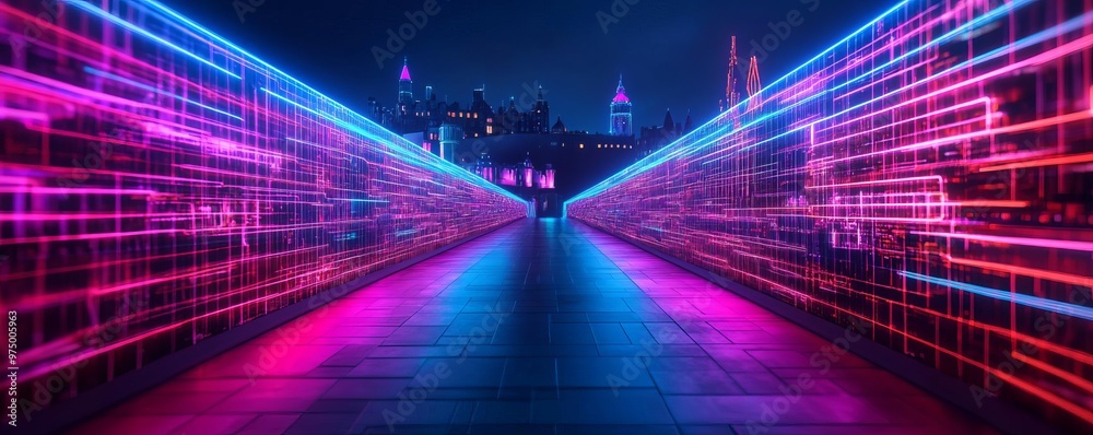 Digital Edinburgh Castle ramparts, neon holographic walls, futuristic Scotland Digital Edinburgh Castle ramparts, neon holographic walls, futuristic Scotland