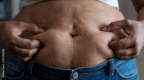 Close-Up of Pinched Belly Fat with Stretch Marks and Skin Folds, Overweight Person Showing Belly Fat With Stretch Marks, Fitness Weight Loss Background. photo