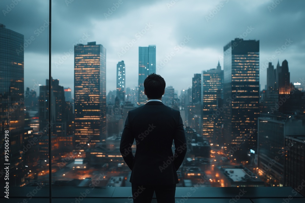 A businessman in a suit stands by a window, overlooking a city at dusk with tall skyscrapers lit up under cloudy skies. A businessman in a suit stands by a window, overlooking a city at dusk with tall skyscrapers lit up under cloudy skies.