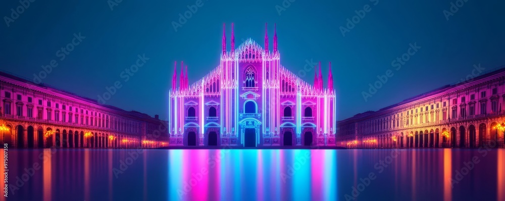 Fototapeta premium Digital Milan Cathedral, hologram projection, neon Lombardy landscape