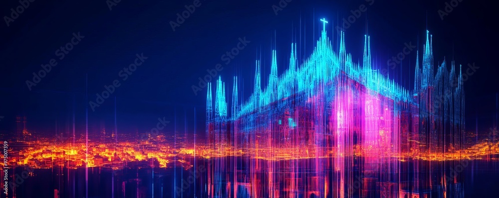 Obraz premium Digital Milan Cathedral, hologram projection, neon Lombardy landscape