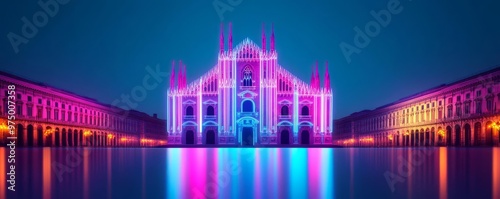 Digital Milan Cathedral, hologram projection, neon Lombardy landscape