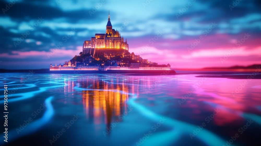 Fototapeta premium Digital Mont Saint-Michel, holographic abbey, glowing tidal waters, futuristic France