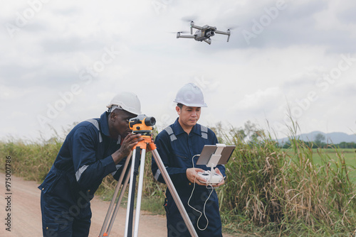 Wallpaper Mural Engineer surveyor team Use drone for operator inspecting and survey construction site. Surveyors or explorer use drones to view construction sites or check security Torontodigital.ca