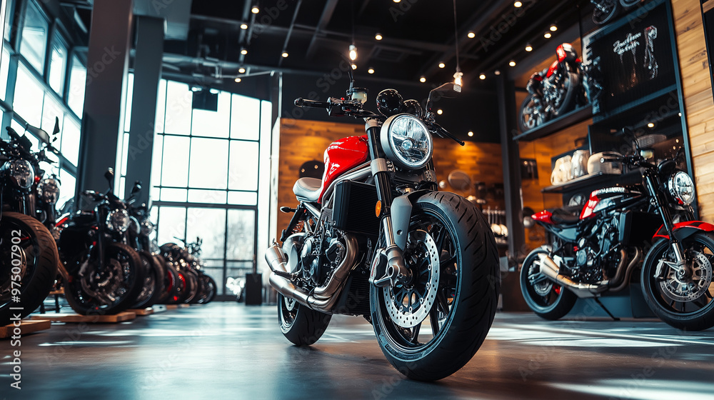 Modern motorcycles displayed in a stylish showroom with bright lighting and industrial decor. Focus on sleek design and advanced technology of high-end bikes. Modern motorcycles displayed in a stylish showroom with bright lighting and industrial decor. Focus on sleek design and advanced technology of high-end bikes.