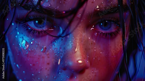 Close-Up Portrait of a Woman with Water Droplets on Her Face photo