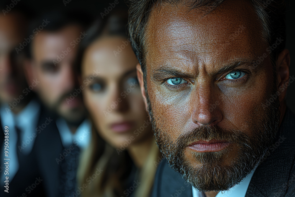 A group of colleagues exchanging serious looks during a tense business meeting. Concept of professionalism and focus. A group of colleagues exchanging serious looks during a tense business meeting. Concept of professionalism and focus.