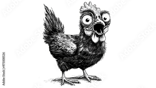 chicken cartoon with crazy eyes, black and white, white background photo