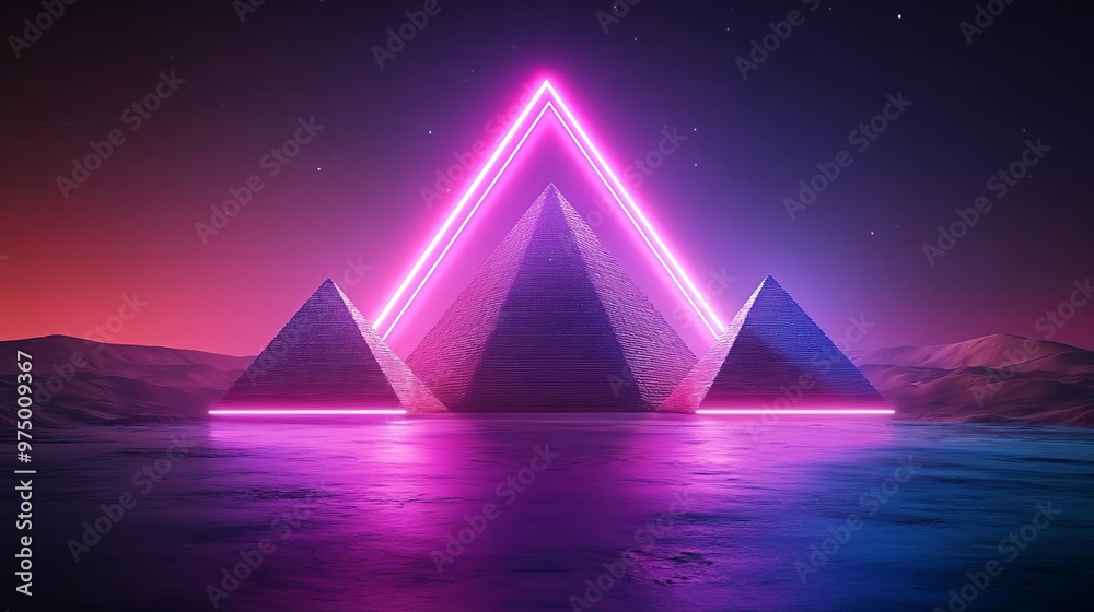 Digital Pyramids of Giza, holographic desert mirage, neon glow, advanced Egypt