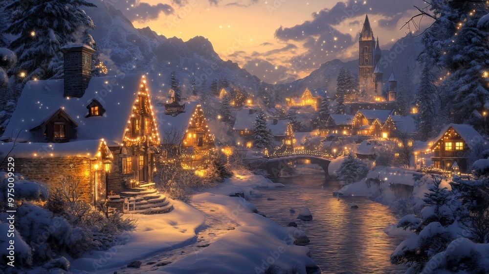A Snowy Village at Twilight with a River Flowing Through it A Snowy Village at Twilight with a River Flowing Through it