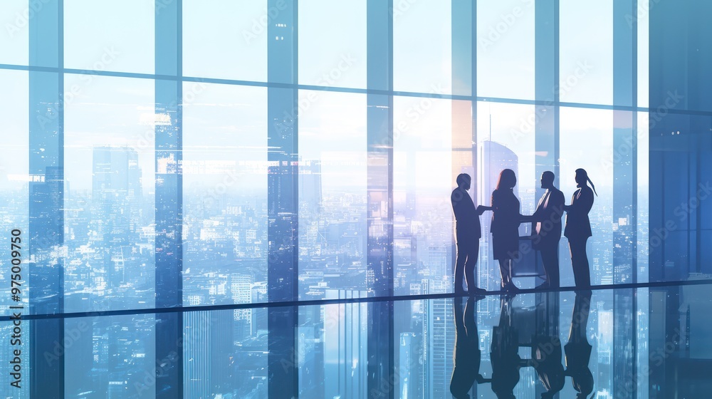 Business team having a meeting in the office, standing near the window with a view of the city. Blue gradient background with silhouettes of business people talking and working together Business team having a meeting in the office, standing near the window with a view of the city. Blue gradient background with silhouettes of business people talking and working together