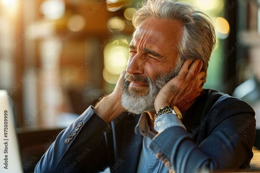 close-up shot of a mature businessman grimacing in pain as he massages his neck while sitting at his desk in the office. close-up shot of a mature businessman grimacing in pain as he massages his neck while sitting at his desk in the office.