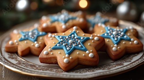 Close-Up of Hanukkah Cookies Shaped Like Dreidels and Stars of David, Decorated with Blue and White Icing on a Festive Plate, Perfect for Holiday Celebrations