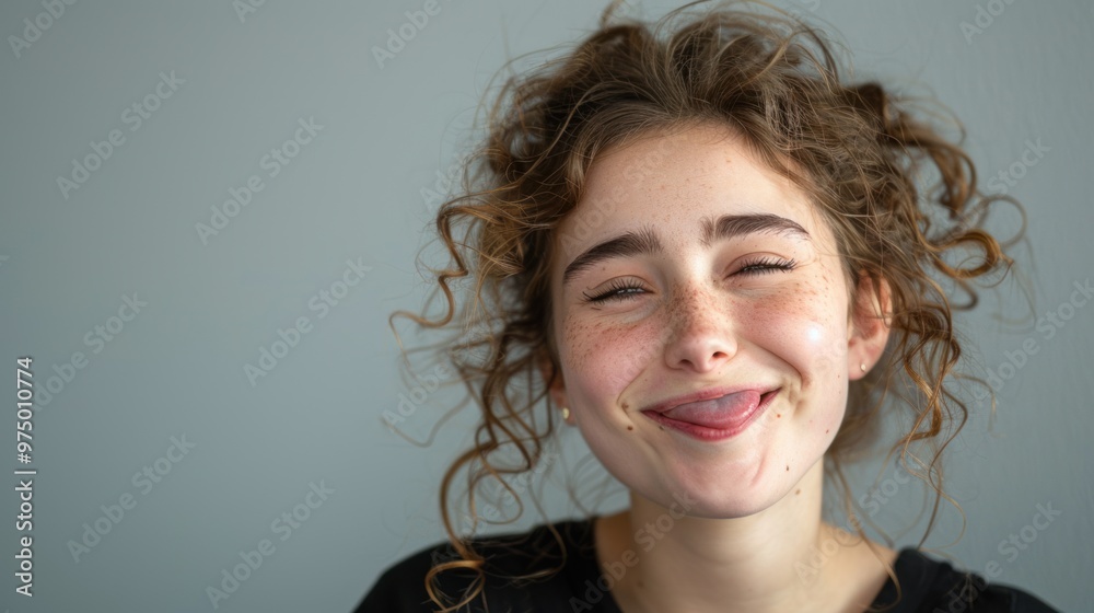 Playful young woman with curly hair winking and sticking out tongue over grey background. Playful young woman with curly hair winking and sticking out tongue over grey background.