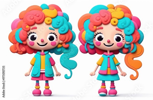 two girl's face is smiling with curly 3d hair, cartoon illustration.