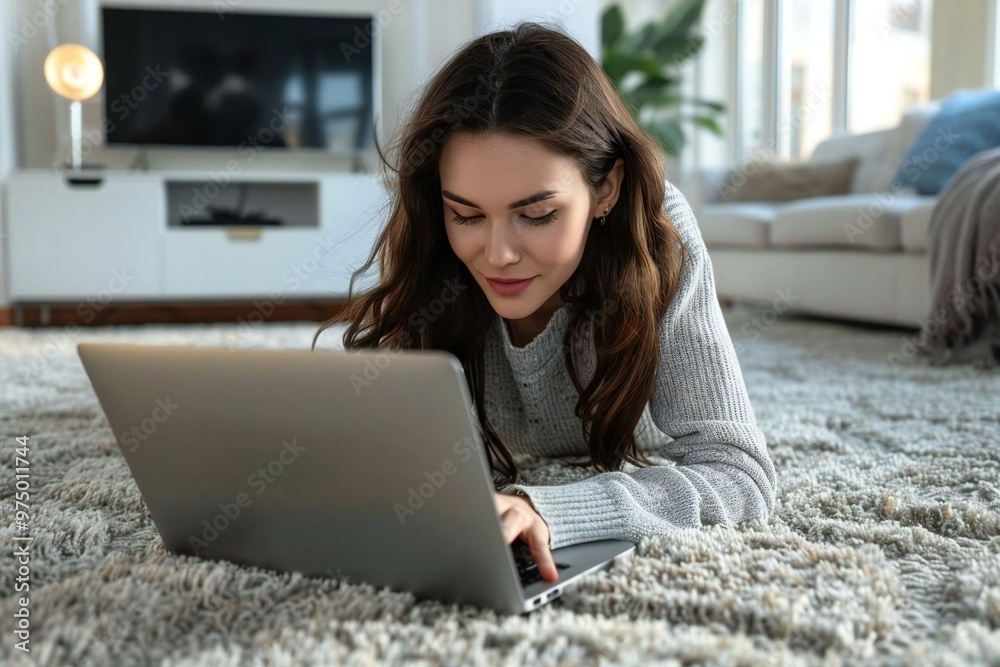 high angle view of a young woman happily working on her laptop while lying on a soft carpet in a modern living room.