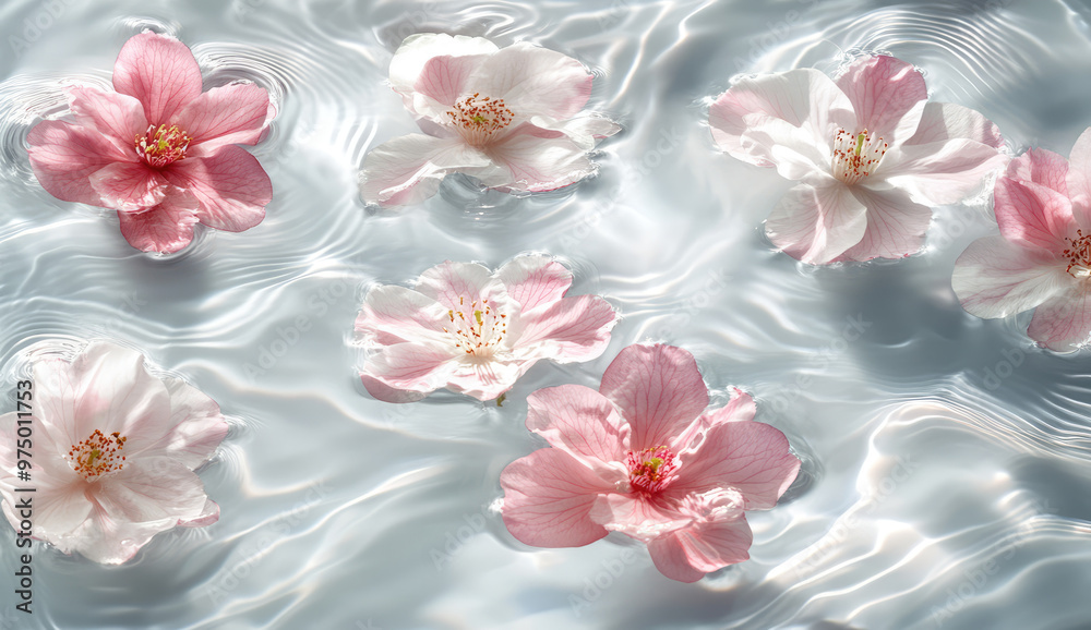 Pamelia PINK AND WHITE flowers are floATING in the splashed water Pamelia PINK AND WHITE flowers are floATING in the splashed water