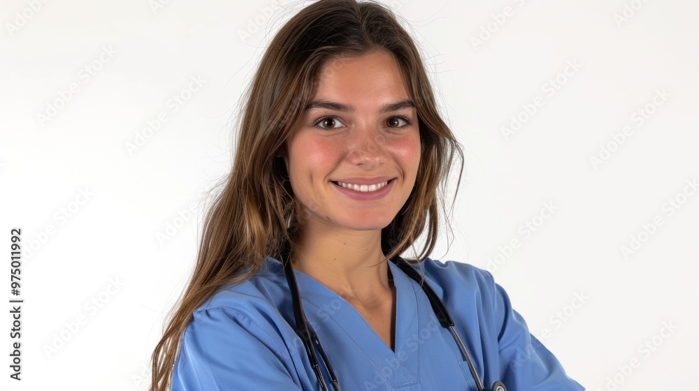 Beautiful female doctor in blue uniform smiling with stethoscope around neck on white background. Beautiful female doctor in blue uniform smiling with stethoscope around neck on white background.