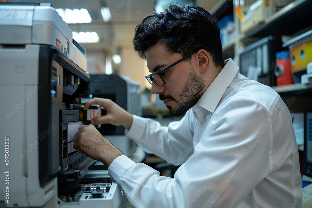 young businessman fixing a cartridge in a printer at the office. young businessman fixing a cartridge in a printer at the office.
