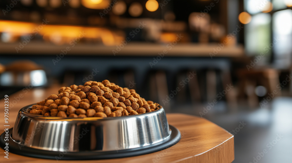Close-up of a stainless steel bowl filled with dry dog food in a pet store. High-quality pet nutrition displayed in a bright and organized retail environment. Close-up of a stainless steel bowl filled with dry dog food in a pet store. High-quality pet nutrition displayed in a bright and organized retail environment.