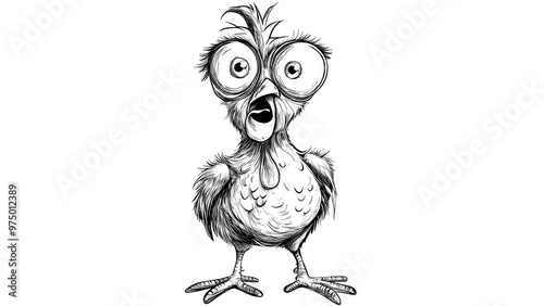 chicken cartoon with crazy eyes, black and white, white background photo