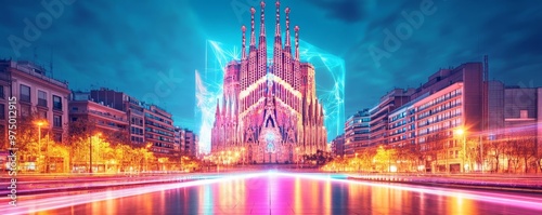 Hologram Sagrada Familia, digital projection on basilica, neon lights, futuristic Barcelona