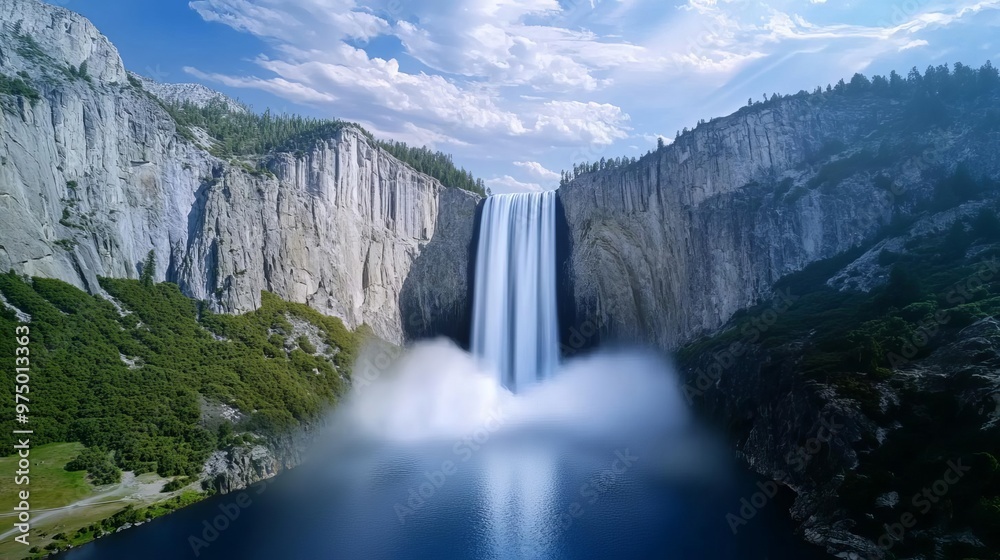 Hologram Yosemite Falls, augmented reality waterfall, digital Sierra Nevada, future USA Hologram Yosemite Falls, augmented reality waterfall, digital Sierra Nevada, future USA