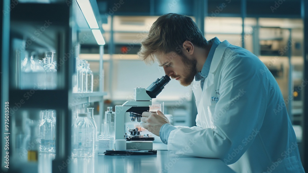 scientist in a lab coat analyzing samples under a microscope in a modern laboratory, copy space